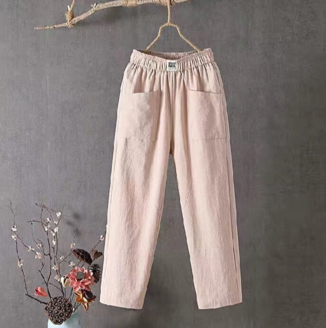 "Elegante linnen broek met elastische taille, lichtgewicht en ademend, ideaal voor dagelijks comfort en stijlvol gemak."