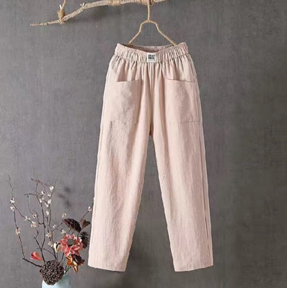"Elegante linnen broek met elastische taille, lichtgewicht en ademend, ideaal voor dagelijks comfort en stijlvol gemak."