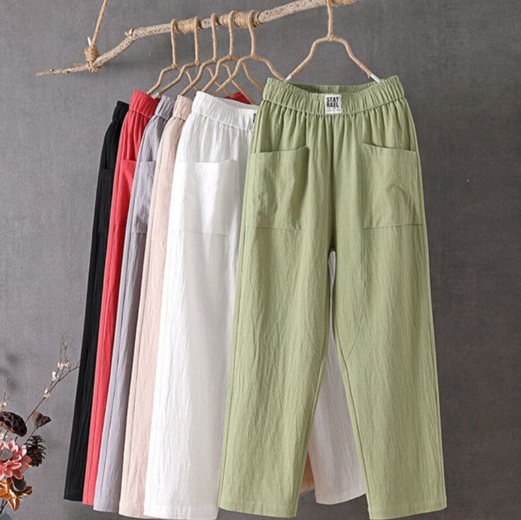 "Elegante linnen broek met elastische taille, lichtgewicht en ademend, ideaal voor dagelijks comfort en stijlvol gemak."