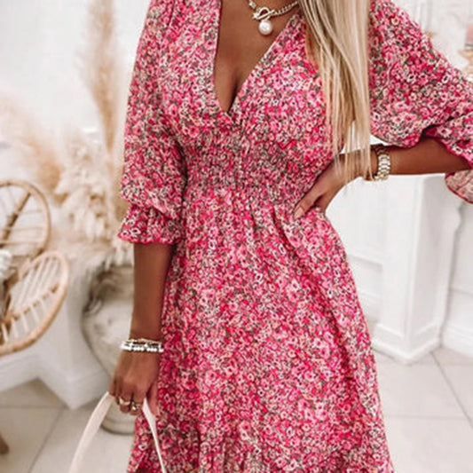 "Elegante luchtige midi zomerjurk voor dames met V-hals, korte mouwen in roze, blauw en groen, ideaal voor zomerdagen"