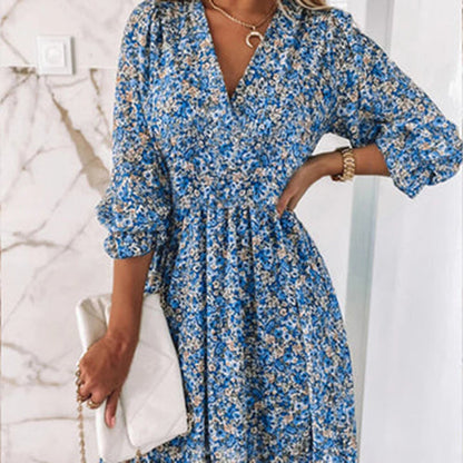 "Elegante luchtige midi zomerjurk voor dames met V-hals, korte mouwen in roze, blauw en groen, ideaal voor zomerdagen"