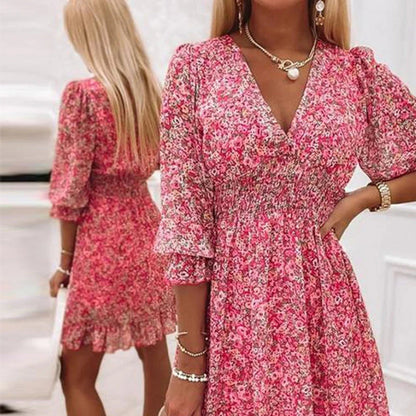 "Elegante luchtige midi zomerjurk voor dames met V-hals, korte mouwen in roze, blauw en groen, ideaal voor zomerdagen"
