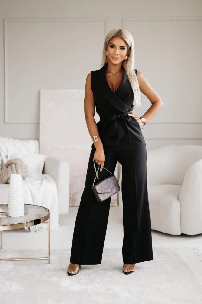 "Elegante mouwloze jumpsuit met V-hals en rechte pijpen, luxe stof, flatterend design voor een stijlvolle look."