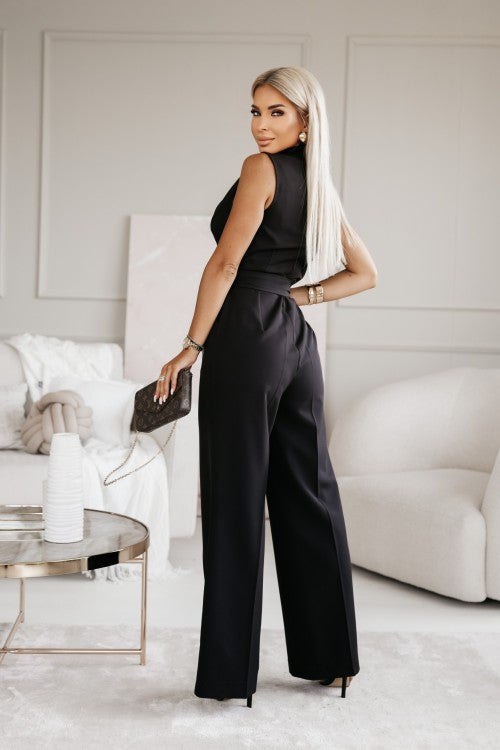 "Elegante mouwloze jumpsuit met V-hals en rechte pijpen, luxe stof, flatterend design voor een stijlvolle look."