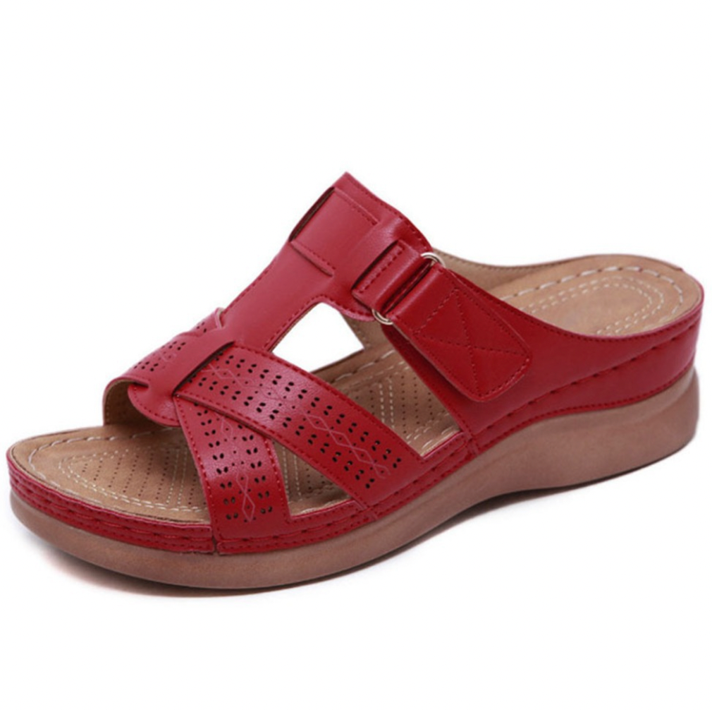Elegante orthopedische dames sandalen met comfortabel design, verkrijgbaar in blauw, bruin, donkerblauw, rood en wijnrood.