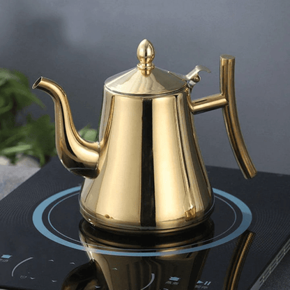 "Elegante roestvrijstalen inductie waterkoker met filter, snelle verhitting, modern design, geschikt voor elke keuken."