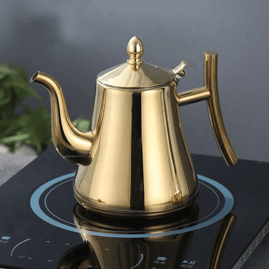 "Elegante roestvrijstalen inductie waterkoker met filter, snelle verhitting, modern design, geschikt voor elke keuken."