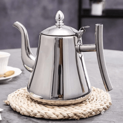 "Elegante roestvrijstalen inductie waterkoker met filter, snelle verhitting, modern design, geschikt voor elke keuken."