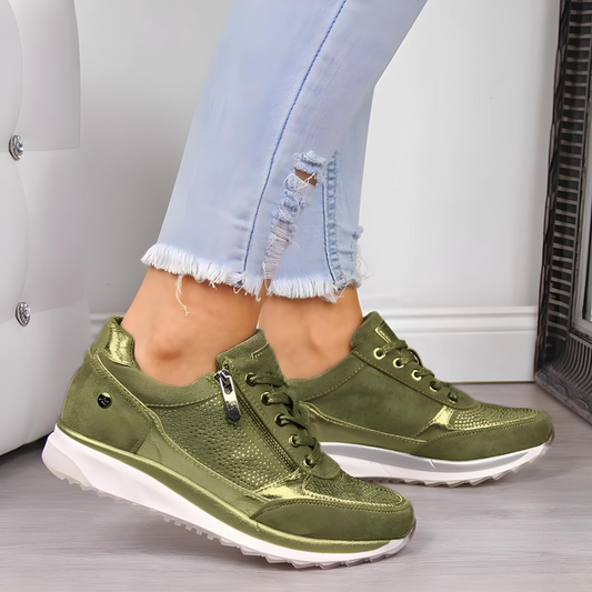 "Elegante vrouwen orthopedische sneakers, grijze tone, perfecte mix van comfort en stijl voor dagelijkse wandelingen."