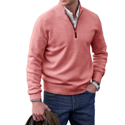 "Elegante witte heren kasjmier trui met rits, luxueuze stof, opstaande kraag, slank silhouet en huidvriendelijk materiaal."