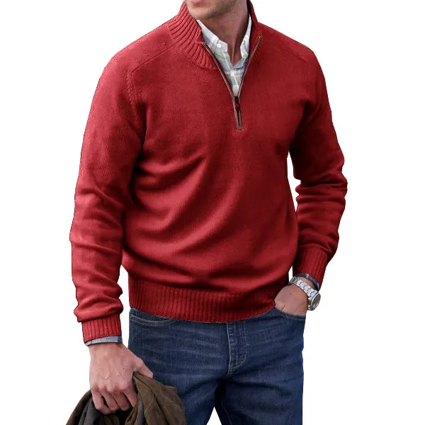 "Elegante witte heren kasjmier trui met rits, luxueuze stof, opstaande kraag, slank silhouet en huidvriendelijk materiaal."