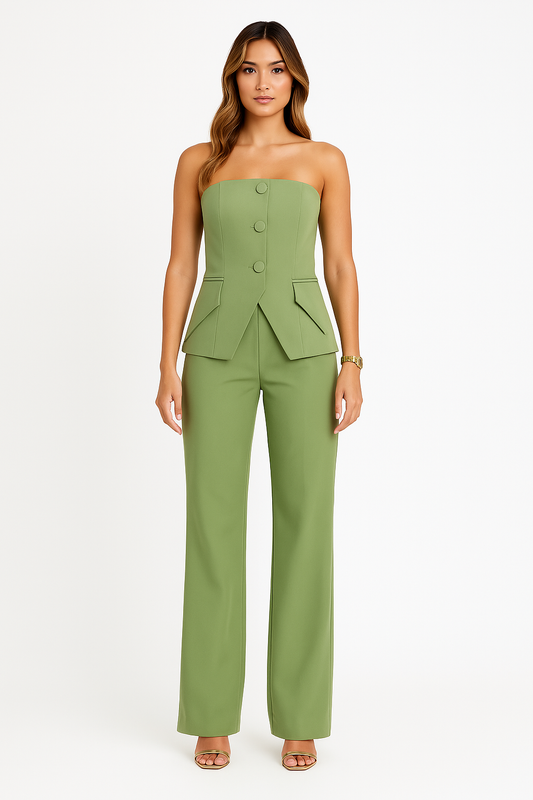 "Elegante zomerset voor dames, off-the-shoulder top en broek in ademend materiaal voor stijlvolle zomerdagen."