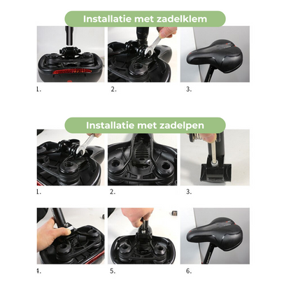 "Ergonomisch fietszadel met geheugenschuim en schokabsorptie, ideaal voor lange ritten, zwart met reflecterende details."
