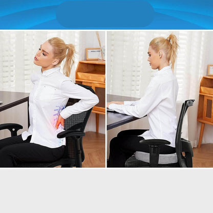 Ergonomisch orthopedisch zitkussen, traagschuim, zwart, rugondersteuning, comfortabel voor lange zit, duurzame materialen.