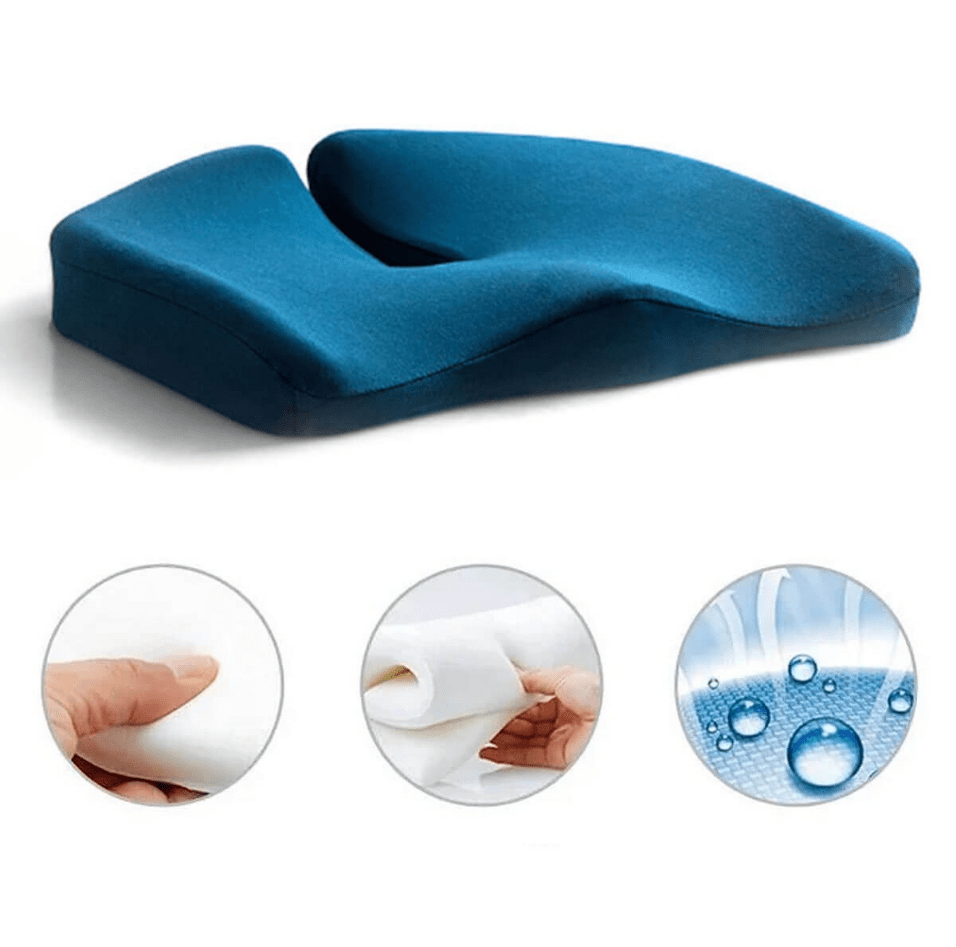 Ergonomisch zitkussen, drukverlagend, ademend materiaal, modern design, comfortabele ondersteuning rug en heupen.