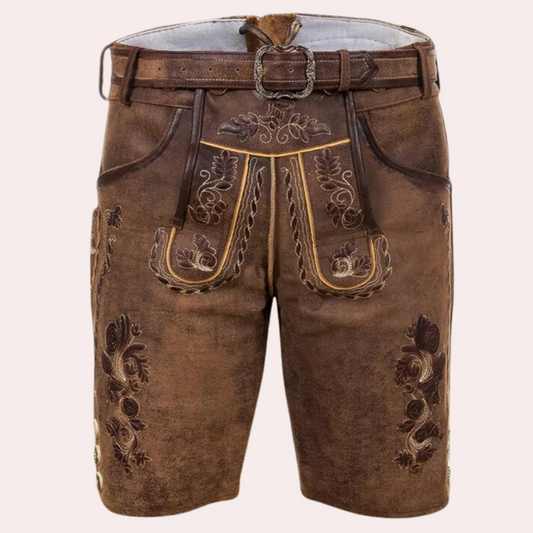 "Erik leren korte broek voor heren, bruin, premium leer, stijlvol voor Oktoberfest, comfortabele pasvorm, traditionele look."