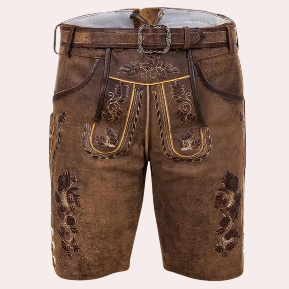 "Erik leren korte broek voor heren, bruin, premium leer, stijlvol voor Oktoberfest, comfortabele pasvorm, traditionele look."