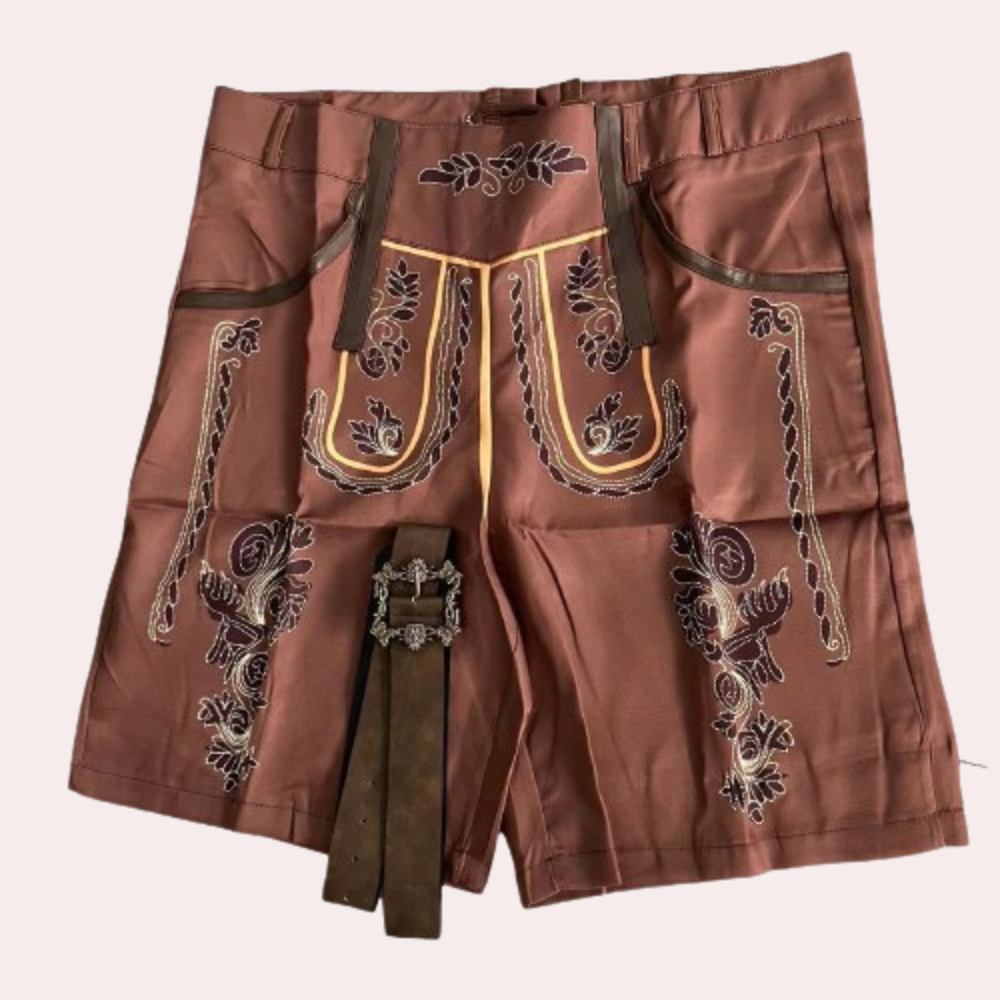 "Erik leren korte broek voor heren, bruin, premium leer, stijlvol voor Oktoberfest, comfortabele pasvorm, traditionele look."