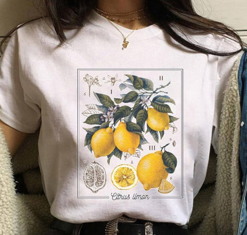 "Gioia T-shirt zomers fris citroenprint, luchtig katoen, casual vrouwenstijl, zomerse kleding met citroenpatroon"