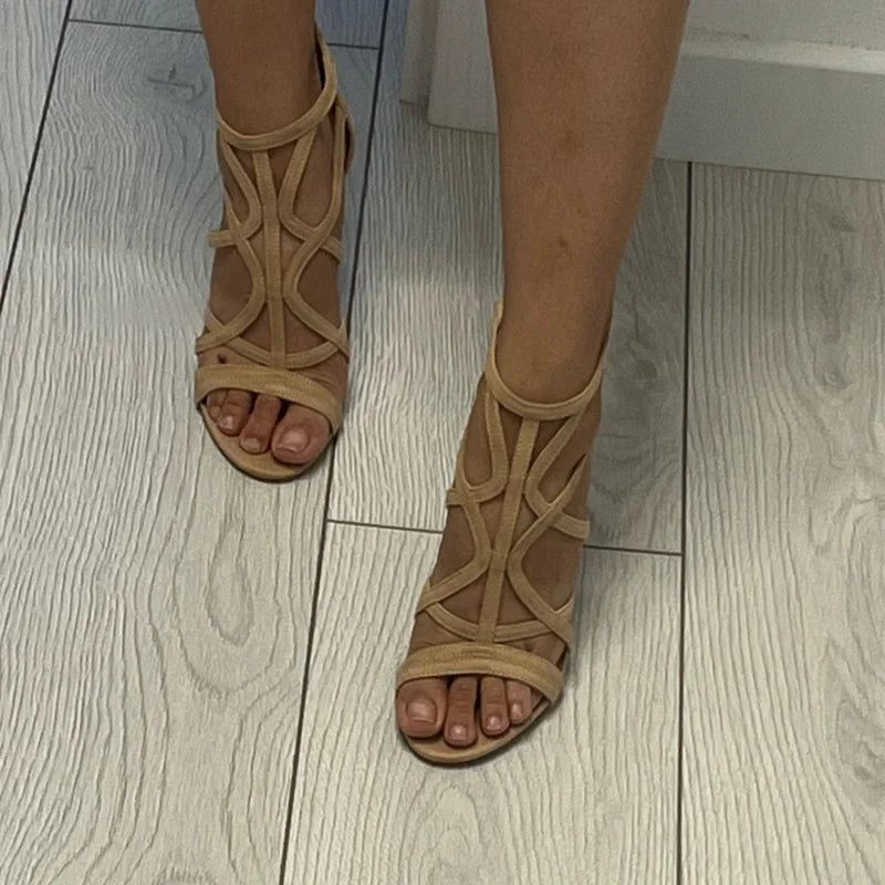 Gladiator sandalen dames, 11 cm hoge hak, open neus, geel/blauw/nude, stijlvol voor zomerse feestjes, verstelbare gespsluitin