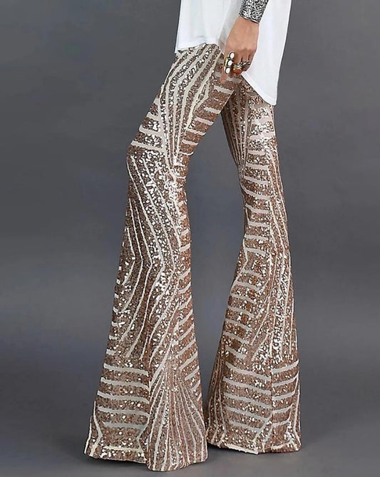 Glanzende damesflared broek met glitter, flare pijpen en elastische tailleband voor stijl en comfort, ideaal voor feesten.