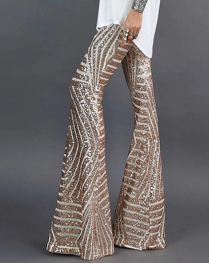 Glanzende damesflared broek met glitter, flare pijpen en elastische tailleband voor stijl en comfort, ideaal voor feesten.