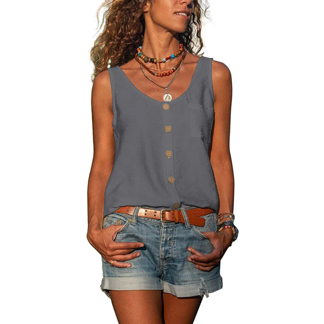 "Grijze mouwloze dames top, elegant en comfortabel, zomerse uitstraling, ademend materiaal, perfect voor elke gelegenheid."