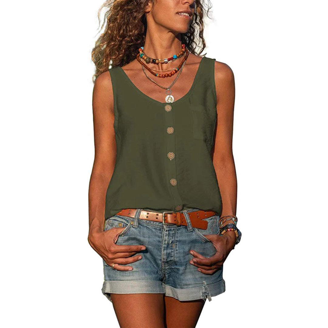 "Grijze mouwloze dames top, elegant en comfortabel, zomerse uitstraling, ademend materiaal, perfect voor elke gelegenheid."