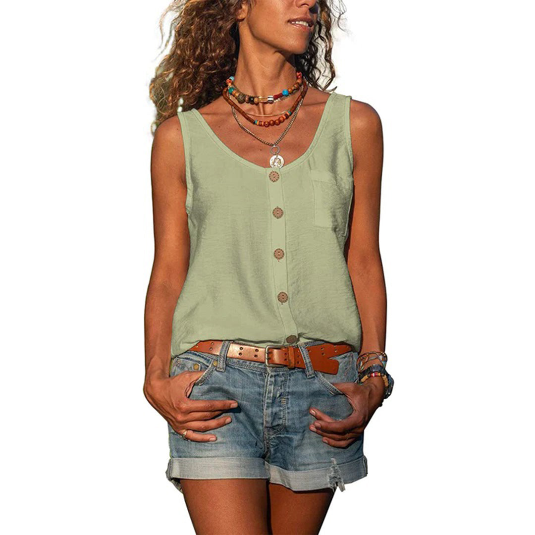 "Grijze mouwloze dames top, elegant en comfortabel, zomerse uitstraling, ademend materiaal, perfect voor elke gelegenheid."