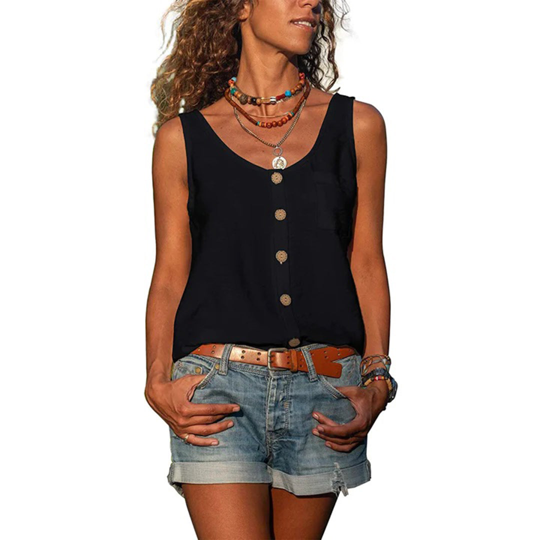 "Grijze mouwloze dames top, elegant en comfortabel, zomerse uitstraling, ademend materiaal, perfect voor elke gelegenheid."
