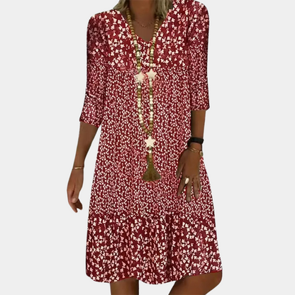 "Groene midi zomerjurk dames met V-hals en korte mouwen, elegante snit voor casual en chique gelegenheden."