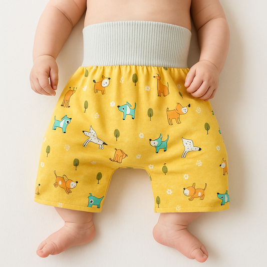 "Herbruikbare baby training pants, comfortabel en milieuvriendelijk, met schattige blauwe beertjes en roze hondjes patroon."