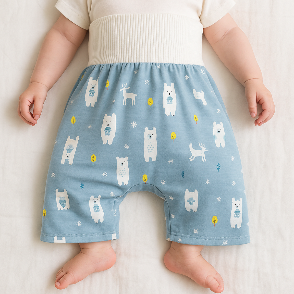 "Herbruikbare baby training pants, comfortabel en milieuvriendelijk, met schattige blauwe beertjes en roze hondjes patroon."