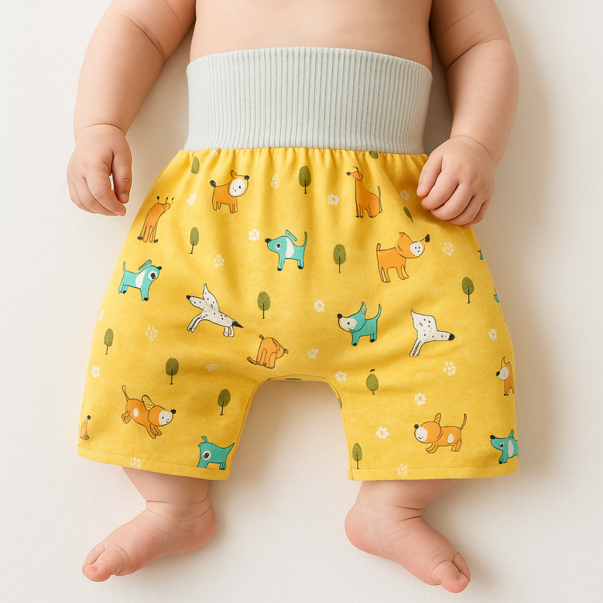 "Herbruikbare baby training pants, comfortabel en milieuvriendelijk, met schattige blauwe beertjes en roze hondjes patroon."