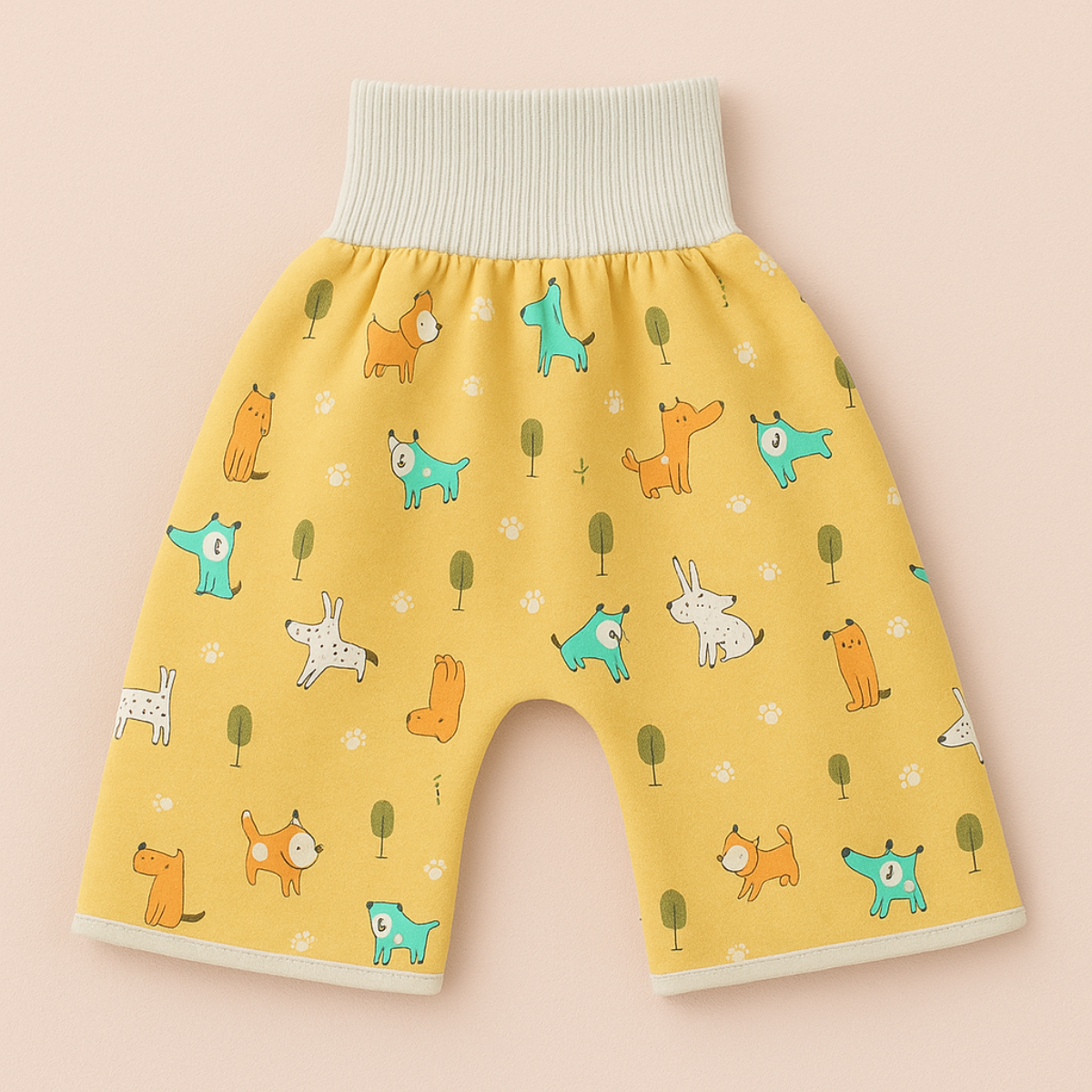 "Herbruikbare baby training pants, comfortabel en milieuvriendelijk, met schattige blauwe beertjes en roze hondjes patroon."