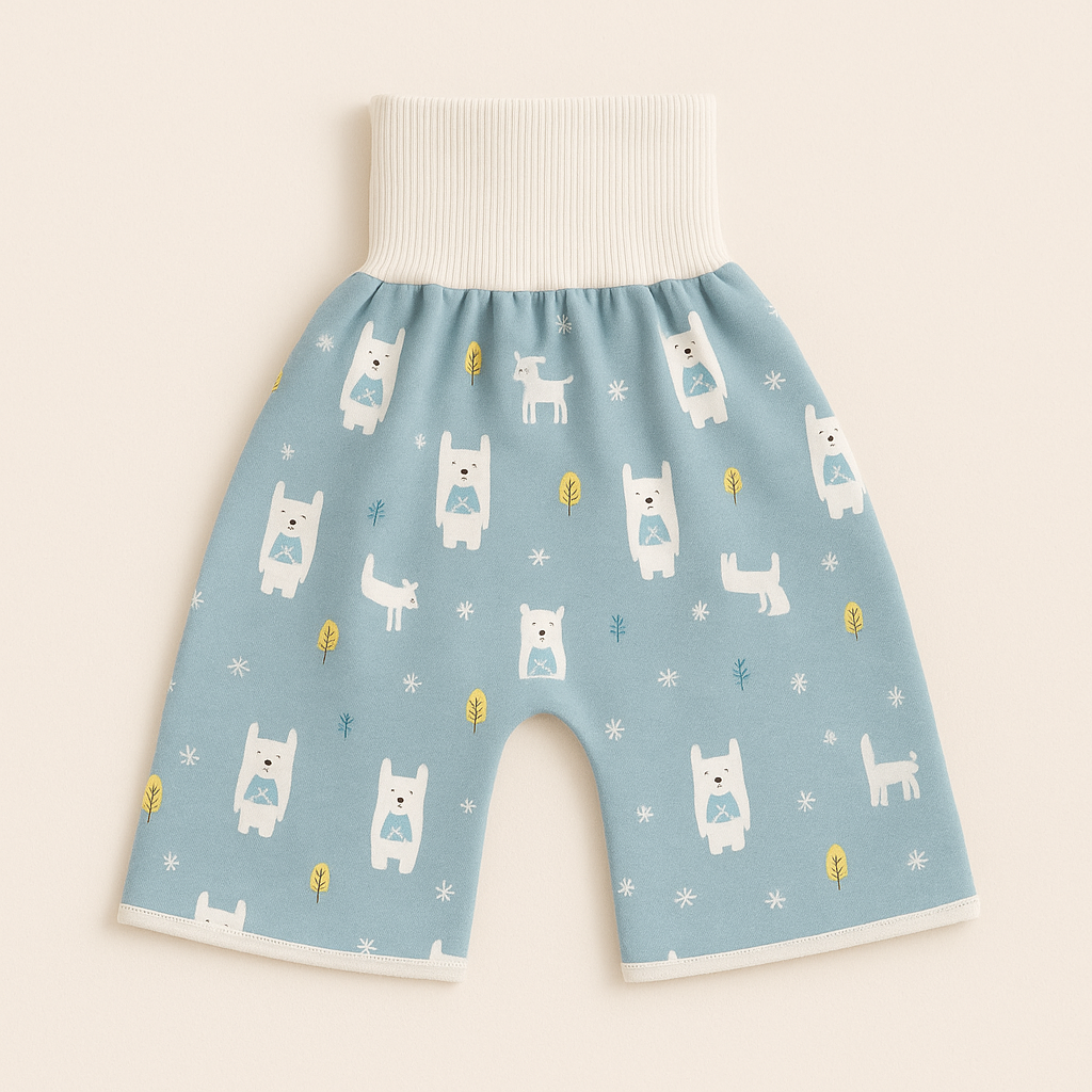 "Herbruikbare baby training pants, comfortabel en milieuvriendelijk, met schattige blauwe beertjes en roze hondjes patroon."