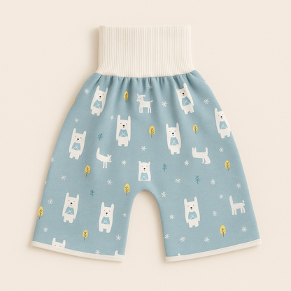 "Herbruikbare baby training pants, comfortabel en milieuvriendelijk, met schattige blauwe beertjes en roze hondjes patroon."