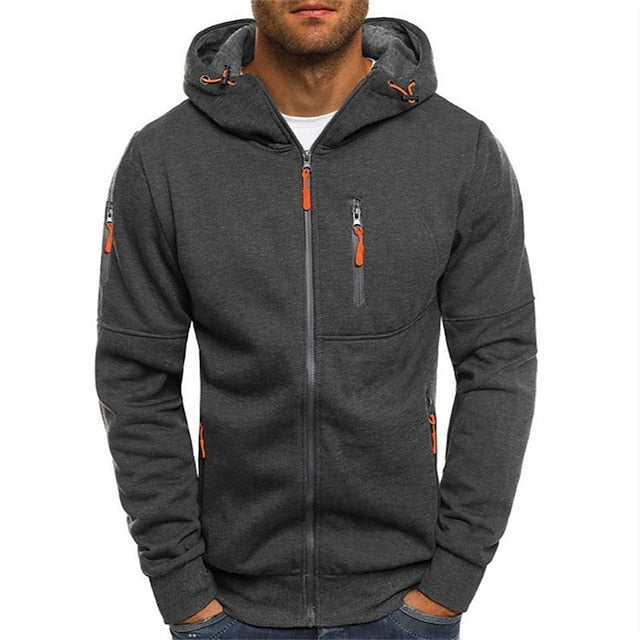 "Heren hoodie met capuchon, zachte grijze stof, casual en modieus design, trekkoord en dubbele capuchonlaag voor extra warmte