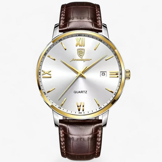 "Heren luxe horloge met elegante leren band en roestvrijstalen kast, perfect voor dagelijks dragen."