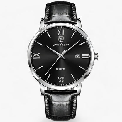 "Heren luxe horloge met elegante leren band en roestvrijstalen kast, perfect voor dagelijks dragen."