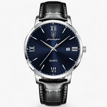 "Heren luxe horloge met elegante leren band en roestvrijstalen kast, perfect voor dagelijks dragen."