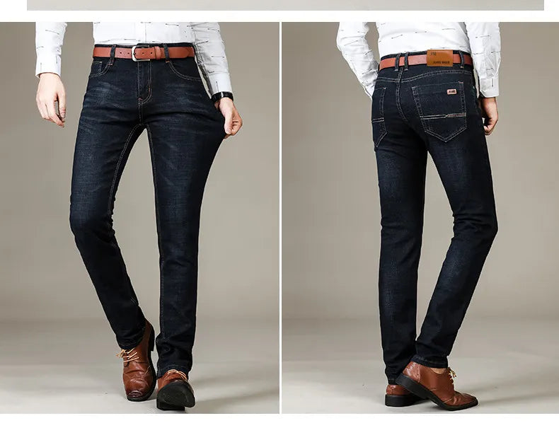 "Heren stretch jeans, slim fit, donkerblauw, nauwsluitend design, elegant en comfortabel voor elke gelegenheid."