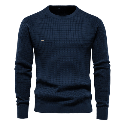 "Heren trui met klassieke O-hals, effen kleuren, 100% katoen, comfortabel en warm, geschikt voor diverse gelegenheden."