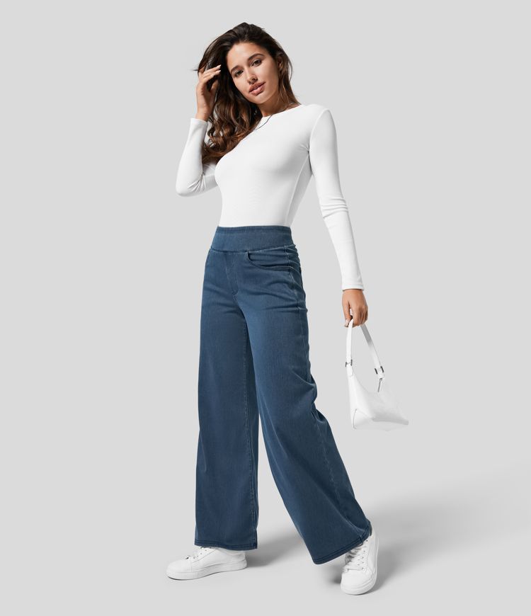 "Hoge taille broek voor vrouwen, elastische stretch, stijlvol zwart, comfortabele en ademende stof, perfect voor elke gelegen