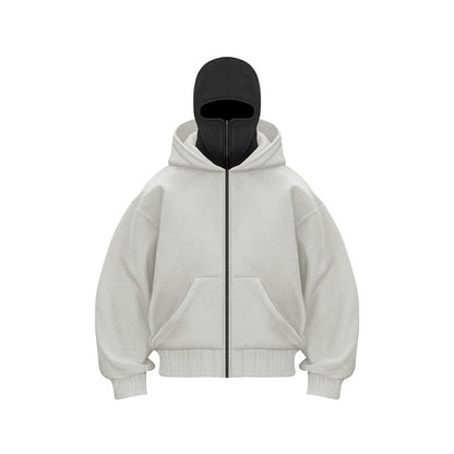 "Hoodie met ingebouwd gezichtsmasker en comfort fit, zacht grijs, ideaal voor stedelijke avonturen in herenmode."