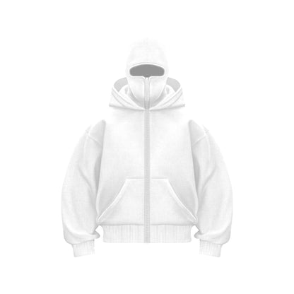 "Hoodie met ingebouwd gezichtsmasker en comfort fit, zacht grijs, ideaal voor stedelijke avonturen in herenmode."