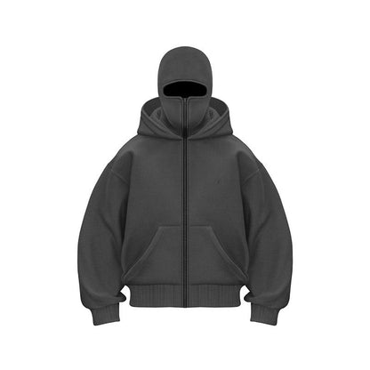 "Hoodie met ingebouwd gezichtsmasker en comfort fit, zacht grijs, ideaal voor stedelijke avonturen in herenmode."