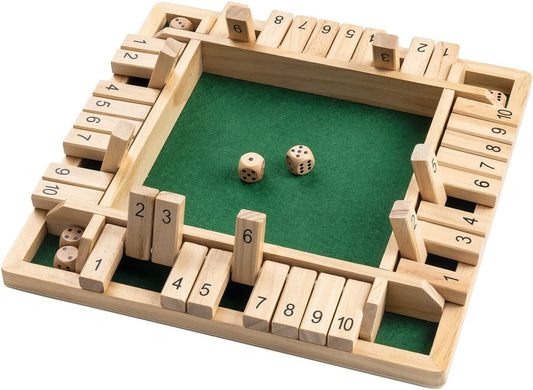Houten educatief bordspel voor kinderen, met dobbelstenen en genummerde flappen. Ideaal familiespel voor leerplezier.