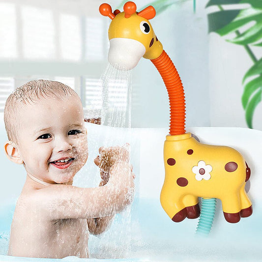 Interactief giraffe badspeeltje; kleurrijke douchekop, waterfontein en lichteffecten voor avontuurlijke badtijd bij kinderen.