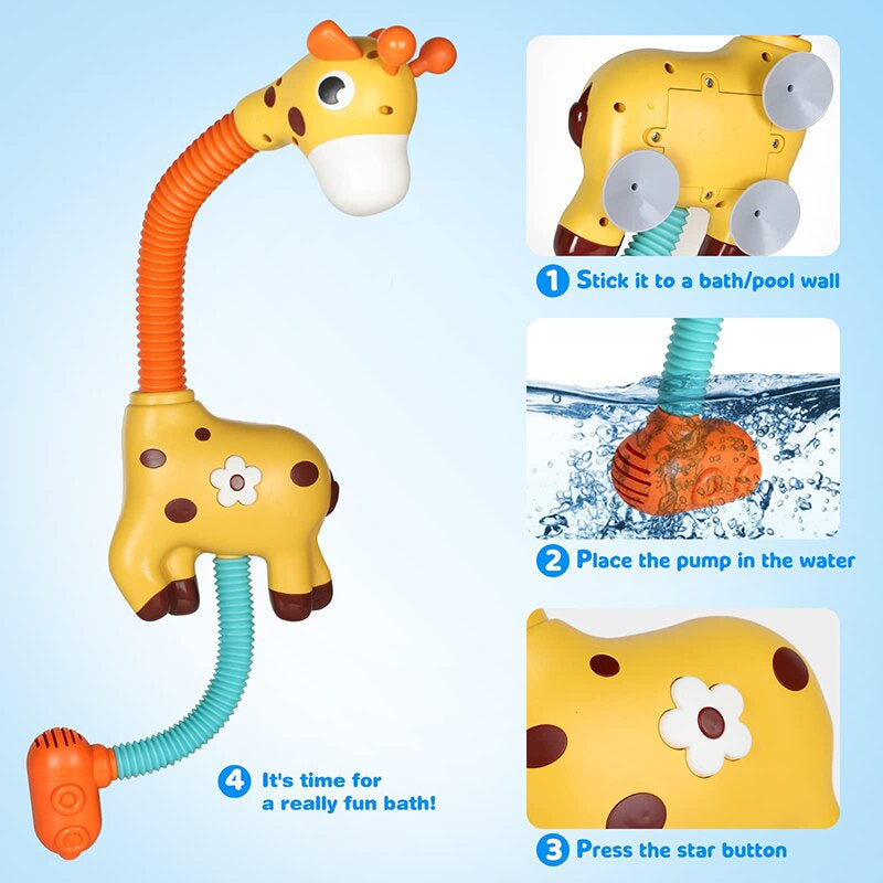 Interactief giraffe badspeeltje; kleurrijke douchekop, waterfontein en lichteffecten voor avontuurlijke badtijd bij kinderen.